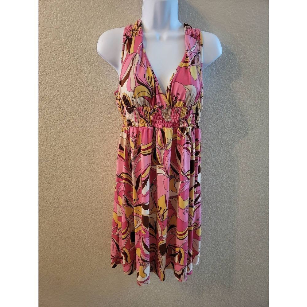 Faith Loves & Passion Women's Pink Floral Sleeveless Smock Waist Dress Medium